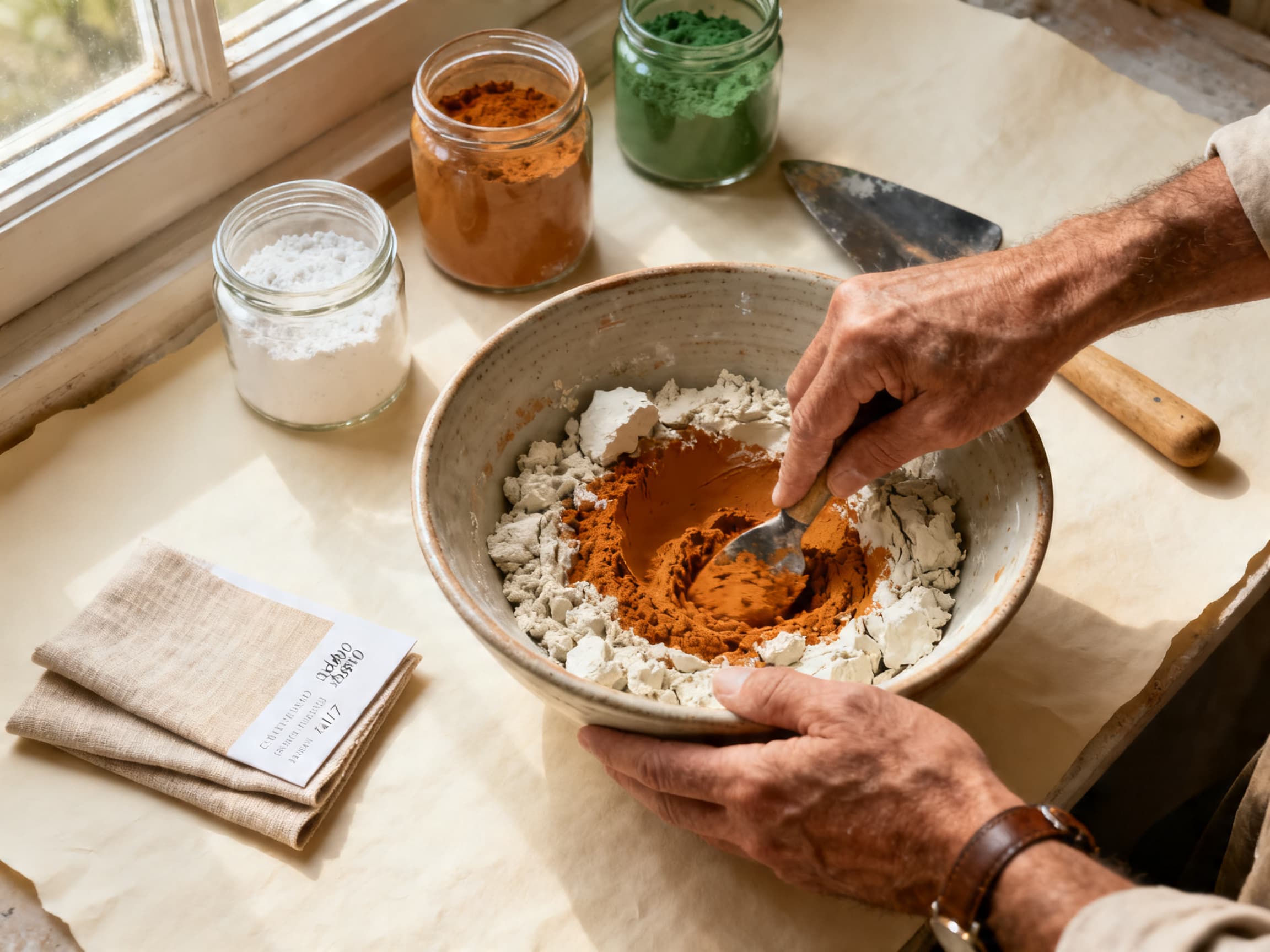 Artisan mixing slaked lime with natural ochre pigment in a ceramic bowl