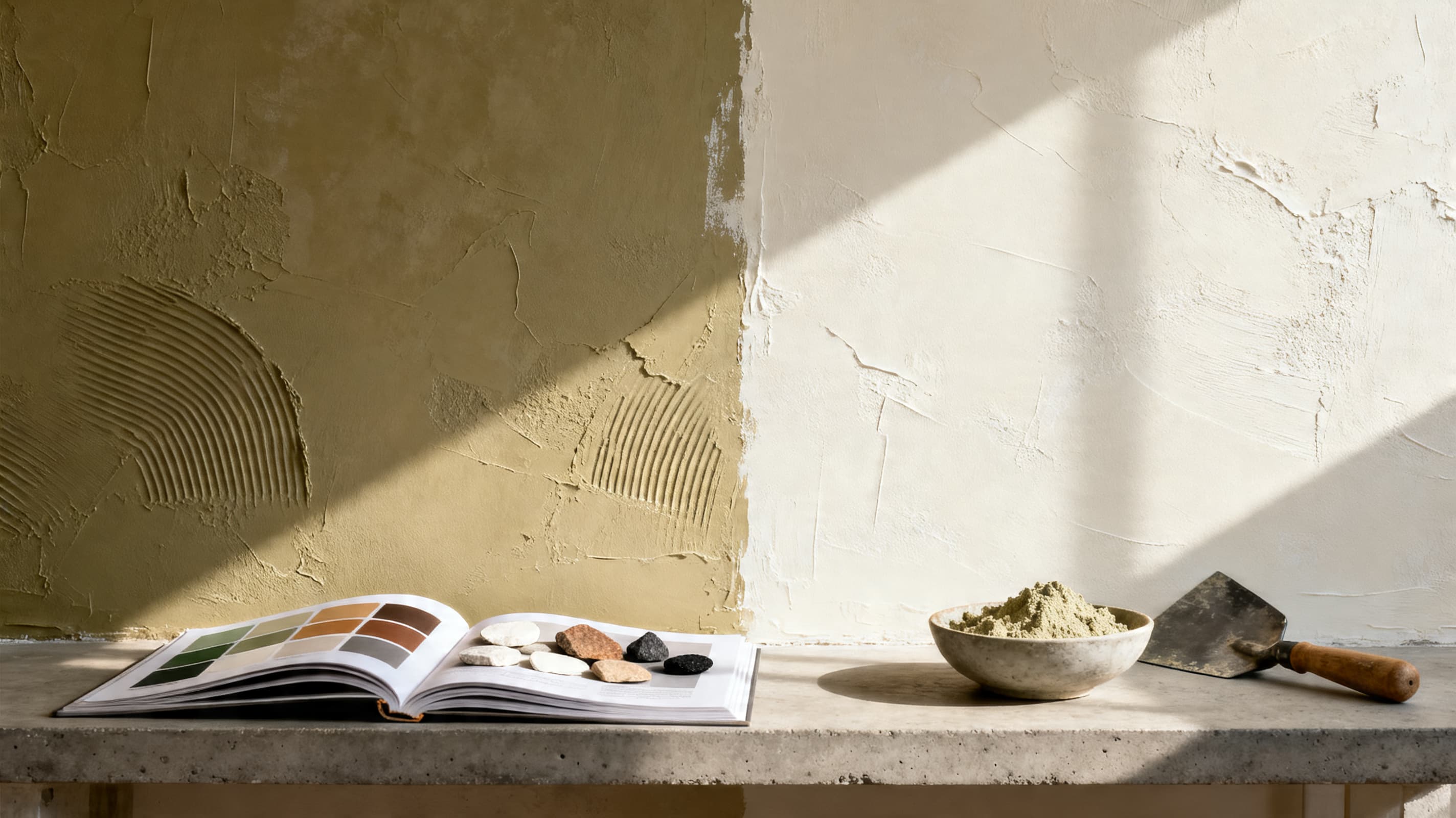 Mineral limewash and venetian plaster sample wall in raked sunlight