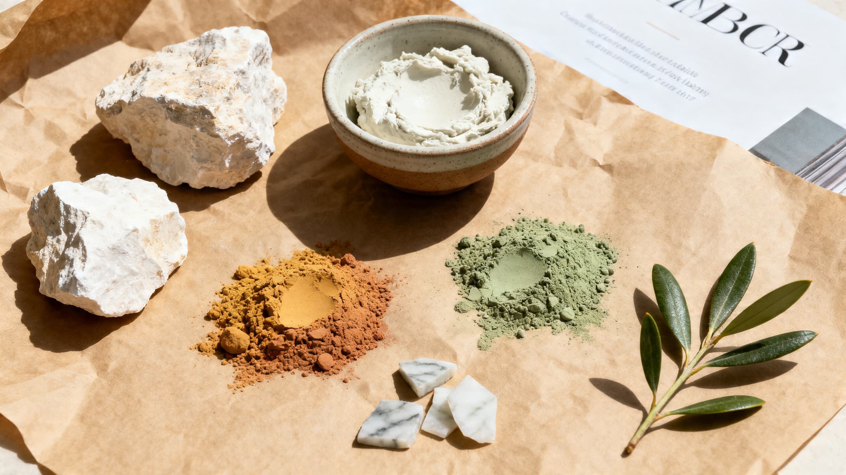 Lime putty, natural mineral pigments, marble chips and limestone used in mineral coatings